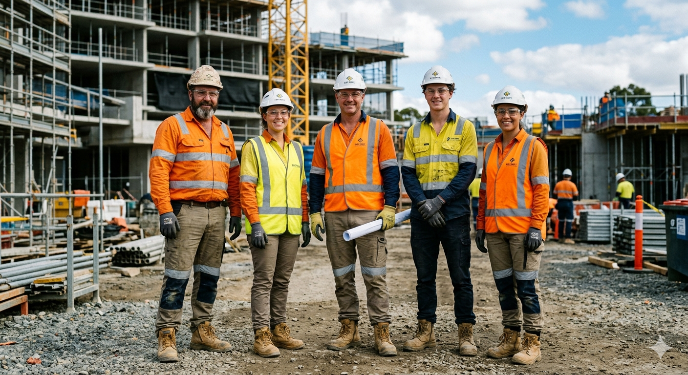 Construction team in high-visibility gear on an active building site, representing trade-based estimating support